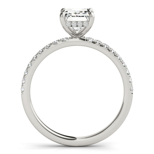 Emerald Cut engagement ring with half eternity pave band and hidden halo