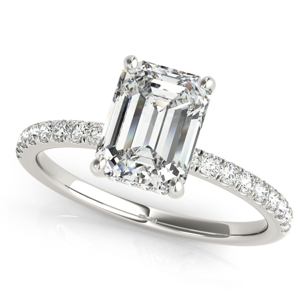 Emerald Cut engagement ring with half eternity pave band and hidden halo