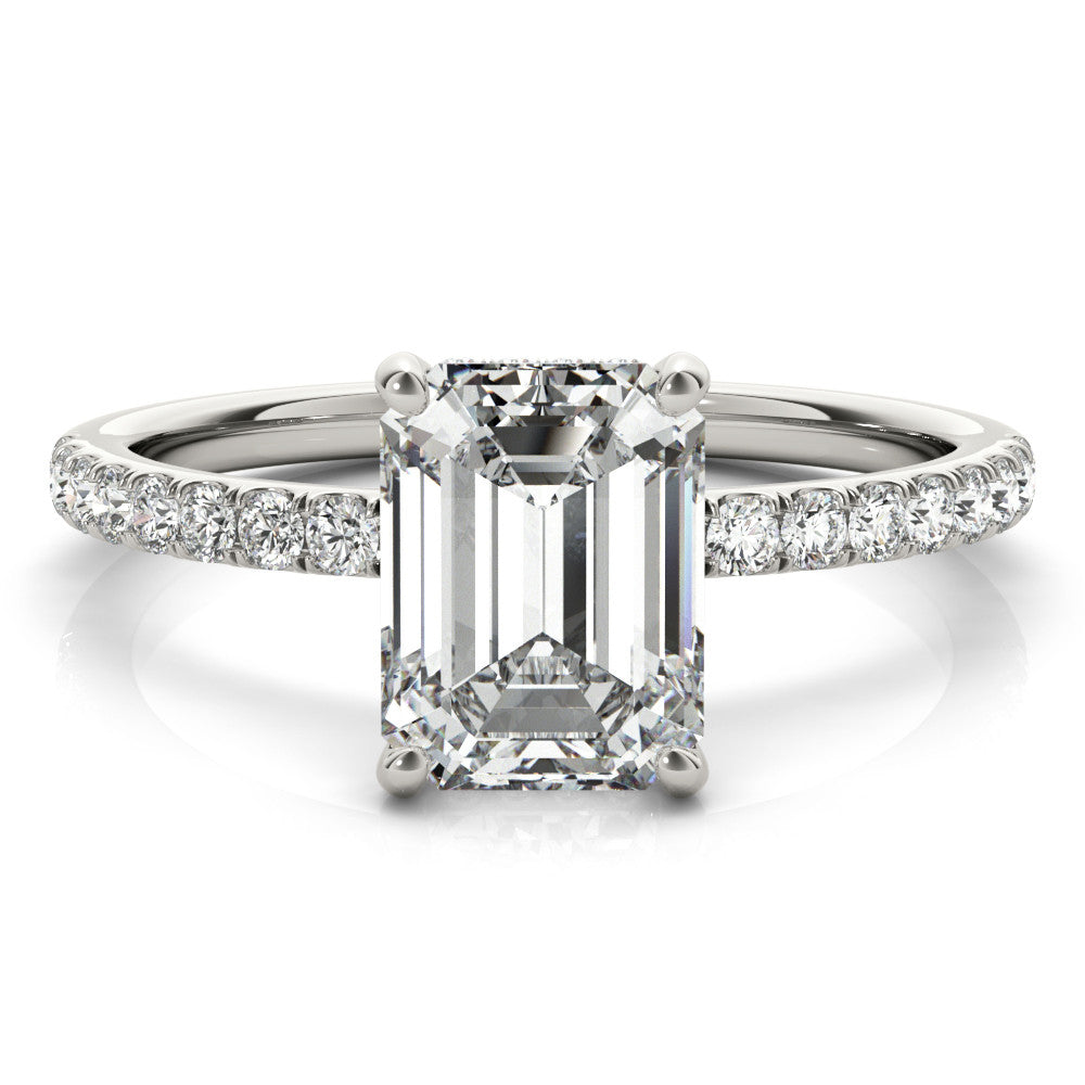 Emerald Cut engagement ring with half eternity pave band and hidden halo