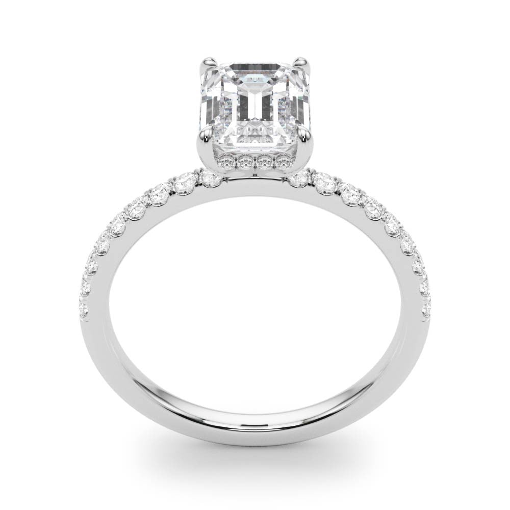 Emerald Cut engagement ring with half eternity pave band and hidden halo