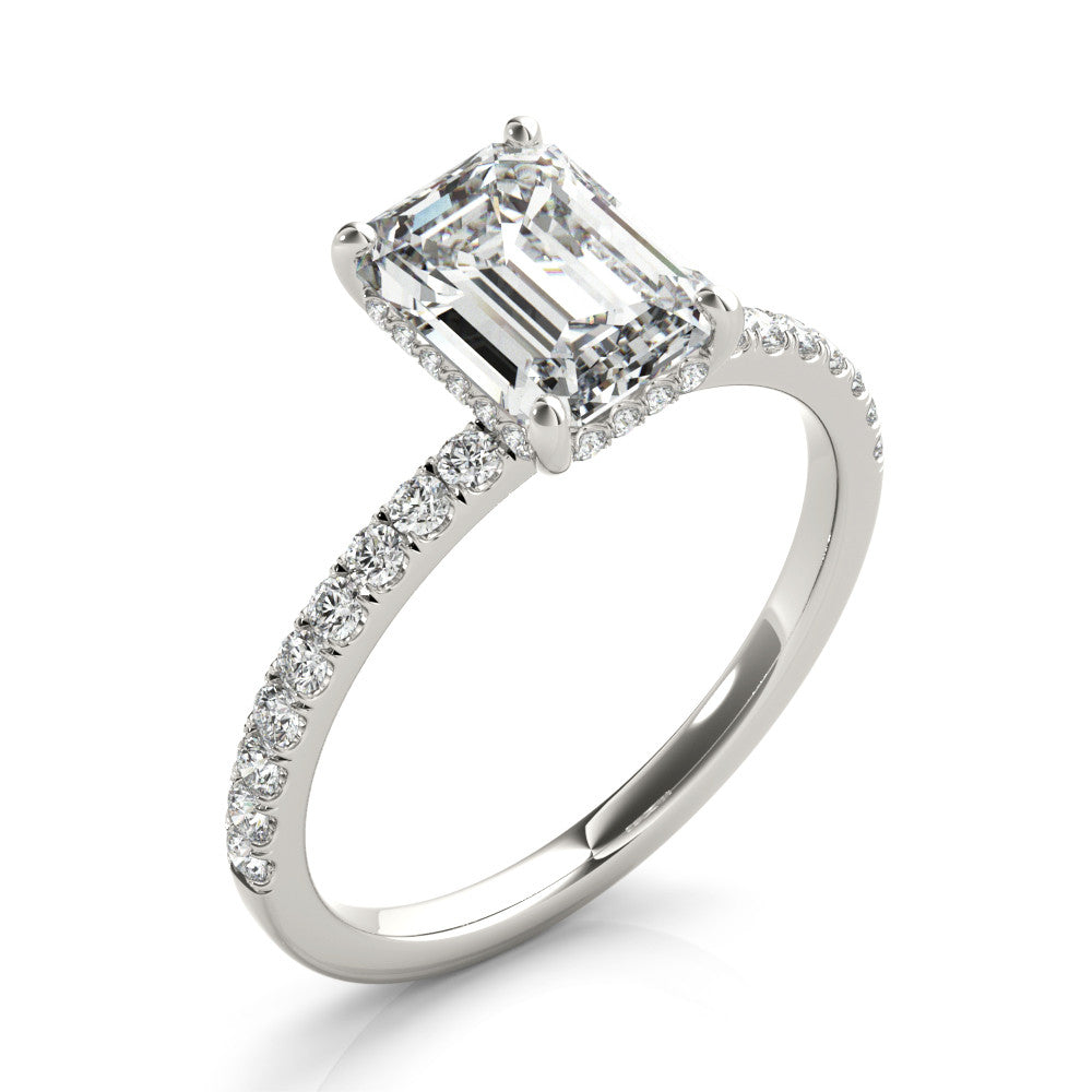 Emerald Cut engagement ring with half eternity pave band and hidden halo