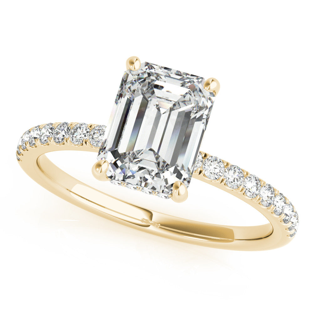 14k Yellow Gold Emerald Cut engagement ring with half eternity pave band and hidden halo