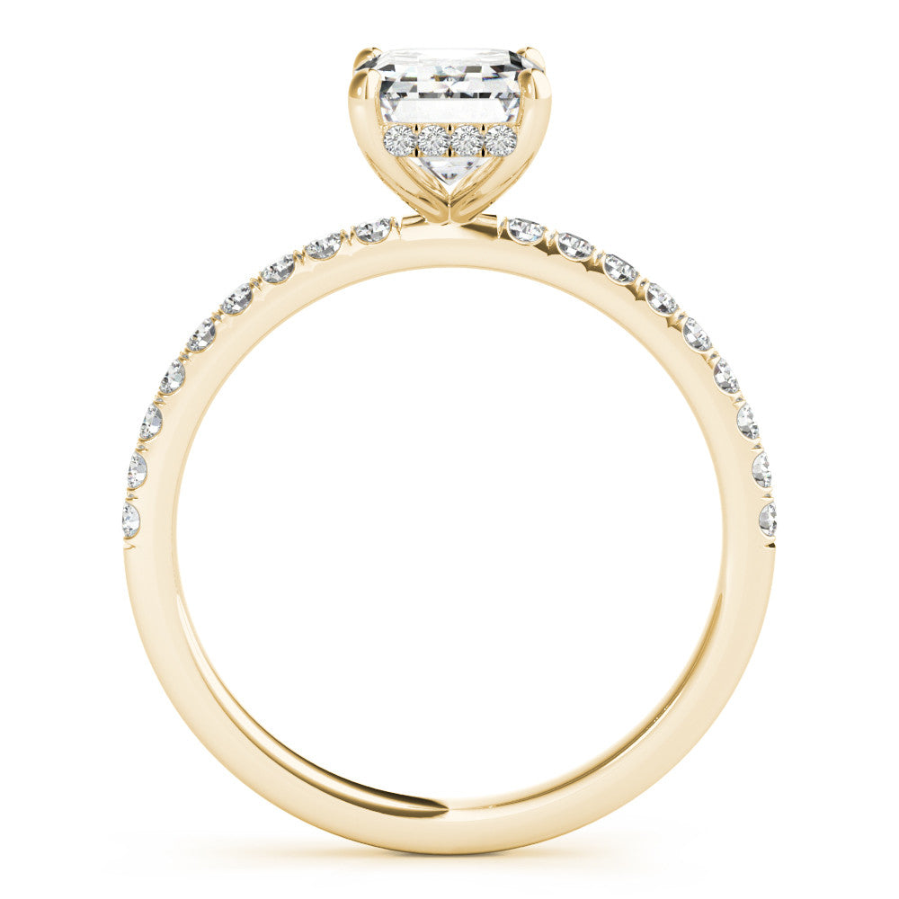 14k Yellow Gold Emerald Cut engagement ring with half eternity pave band and hidden halo