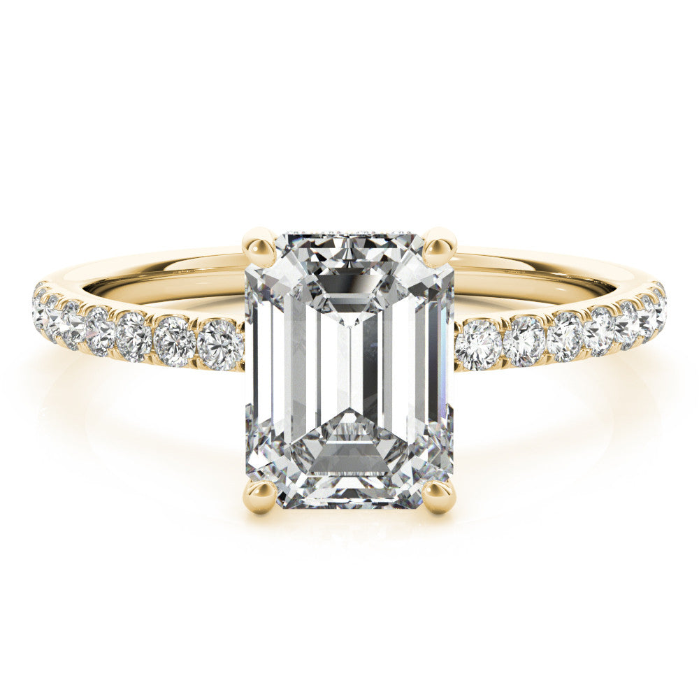 14k Yellow Gold Emerald Cut engagement ring with half eternity pave band and hidden halo