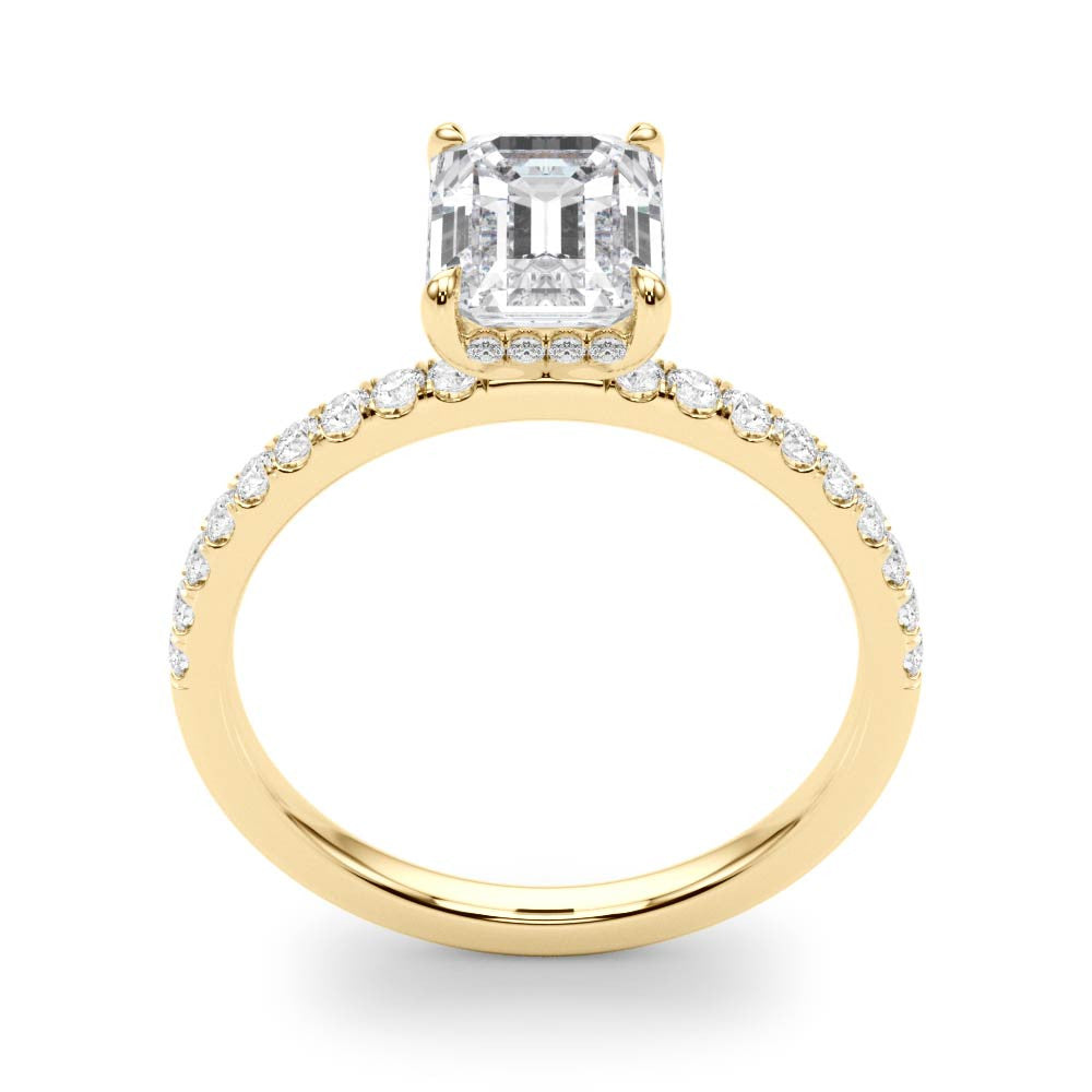 14k Yellow Gold Emerald Cut engagement ring with half eternity pave band and hidden halo