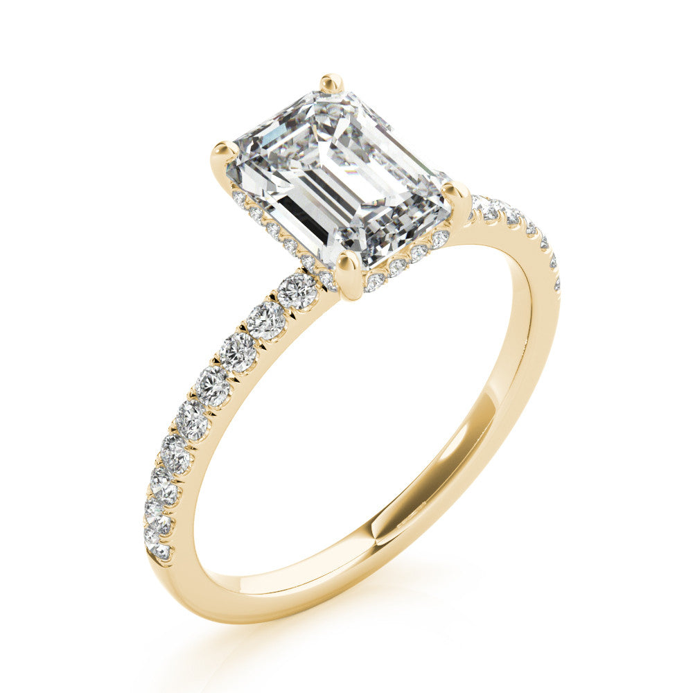 14k Yellow Gold Emerald Cut engagement ring with half eternity pave band and hidden halo