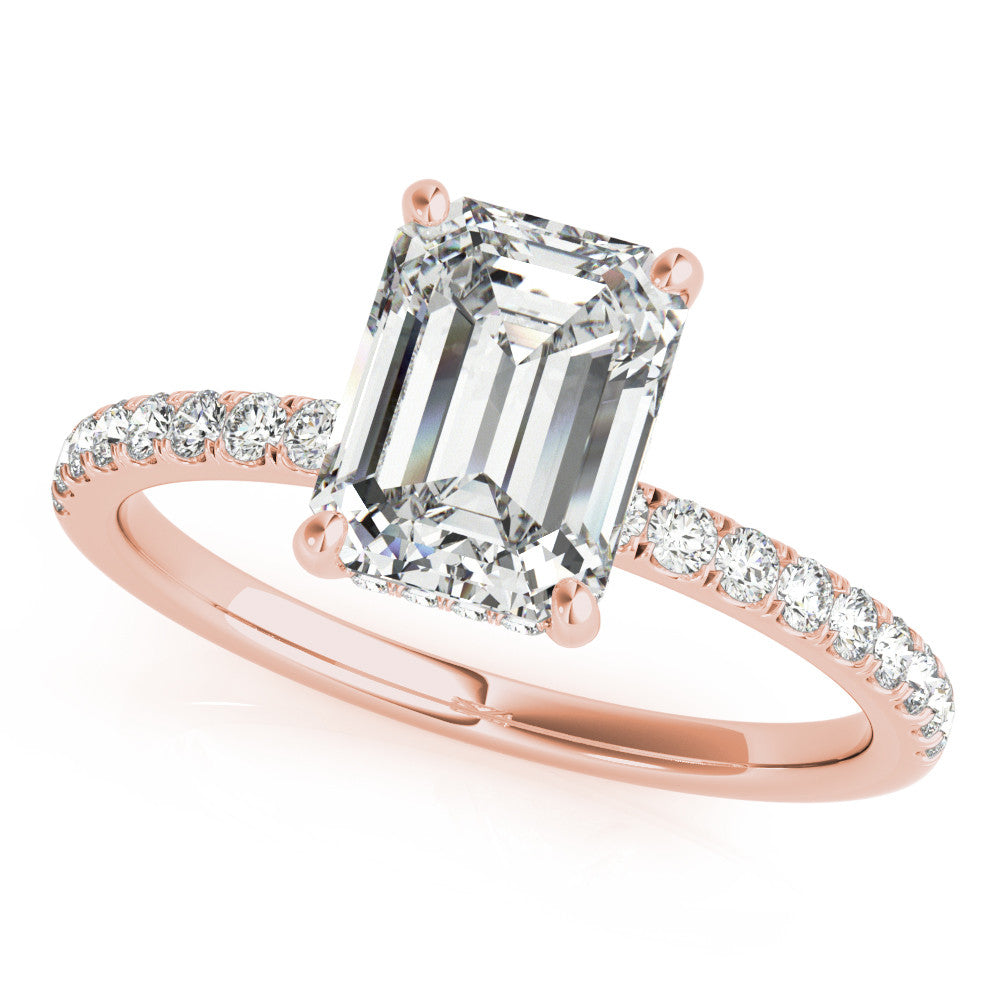 14kRose Gold Emerald Cut engagement ring with half eternity pave band and hidden halo