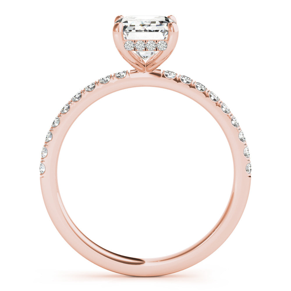 14kRose Gold Emerald Cut engagement ring with half eternity pave band and hidden halo