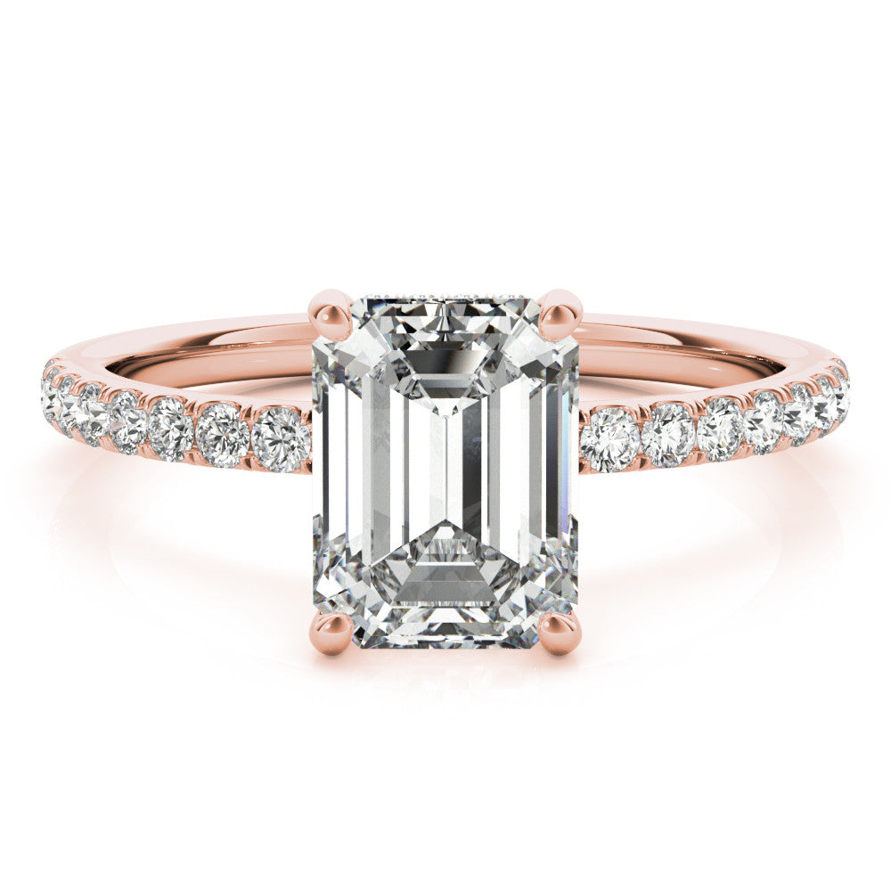 14k Rose Gold Emerald Cut engagement ring with half eternity pave band and hidden halo