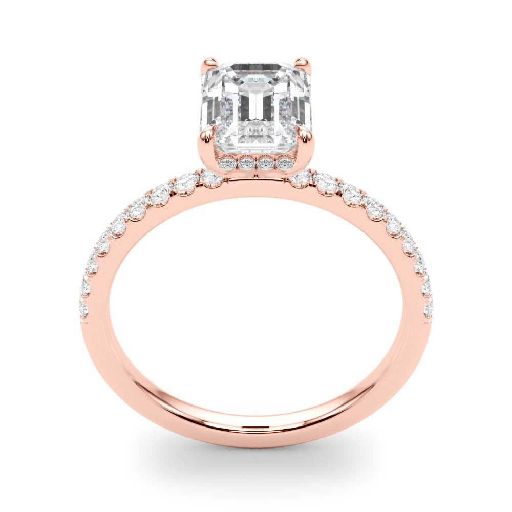 14k Rose Gold Emerald Cut engagement ring with half eternity pave band and hidden halo