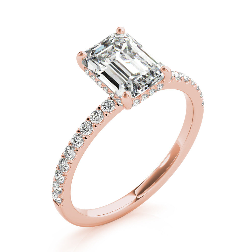 14k Rose Gold Emerald Cut engagement ring with half eternity pave band and hidden halo